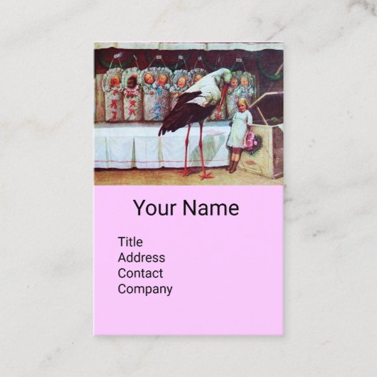 コウノトリ、ベビー、ピンク薄紫ベビー子供部屋 名刺 (正面)