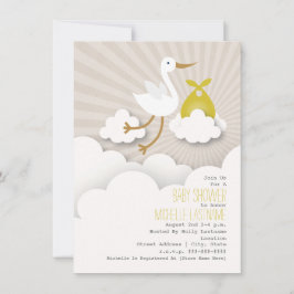 コウノトリ+雲のベビーシャワー-黄色 招待状