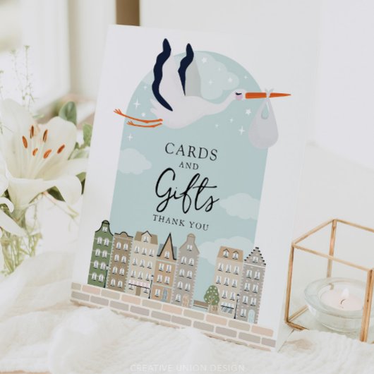 コウノトリBoho赤ちゃんシャワーのデコールカードとギフトサイン 台座サイン