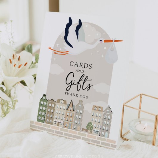 コウノトリBoho赤ちゃんシャワーのデコールカードとギフトサイン 台座サイン