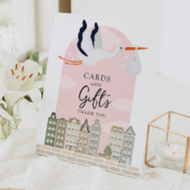 コウノトリBoho赤ちゃんシャワーのデコールカードとギフトサイン 台座サイン