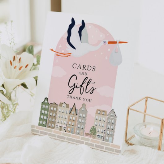 コウノトリBoho赤ちゃんシャワーのデコールカードとギフトサイン 台座サイン