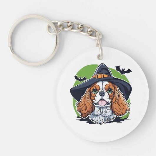 コウモリと魔法使いの帽子をかぶった犬 キーホルダー (正面)