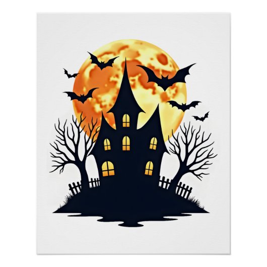 コウモリのいるお化け屋敷 怖いハロウィンTシャツ ポスター (正面)