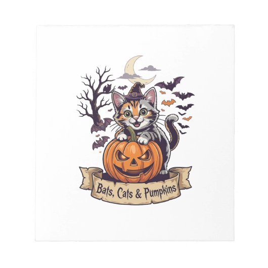 コウモリ ネコ かぼちゃ ハロウィン 魔女 猫 怖い 木 ノートパッド (正面)