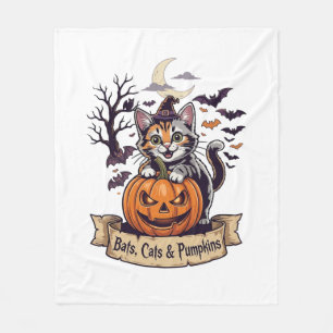 コウモリ ネコ かぼちゃ ハロウィン 魔女 猫 怖い 木 フリースブランケット
