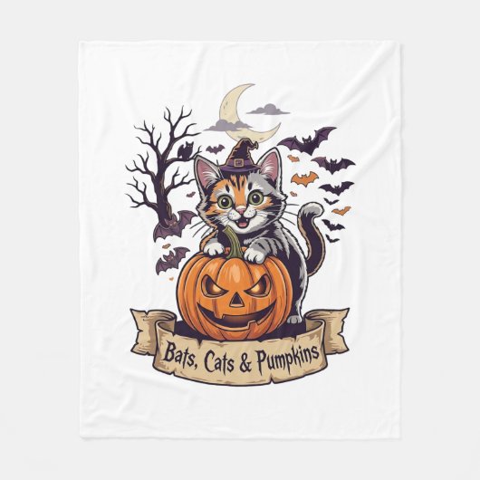 コウモリ ネコ かぼちゃ ハロウィン 魔女 猫 怖い 木 フリースブランケット (正面)