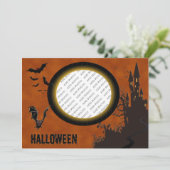 コウモリ、ハロウィンの家の写真フレームとオレンジ色の空 招待状 (スタンド正面)