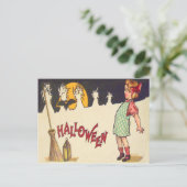 コウモリ 箒 ランタン 月 トウモロコシの茎 少女 ポストカード (スタンド正面)