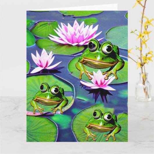 コオロギとハスの葉のカエル カード (黄色い花)