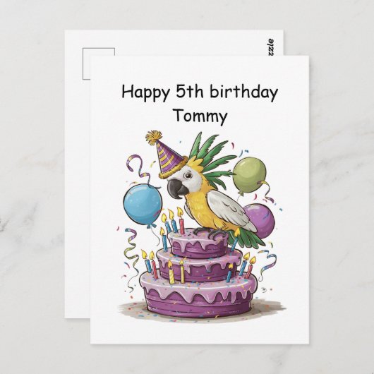 コカトゥーが誕生日ケーキの風船に止まっている ポストカード (正面/裏面)