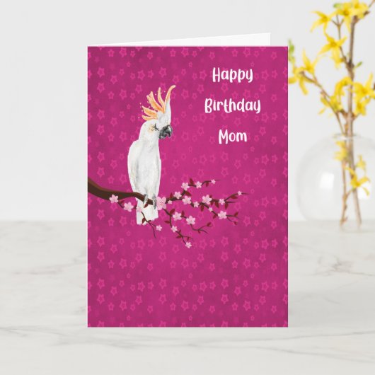 コカトゥーとホットピンクのママのための誕生日 カード (黄色い花)