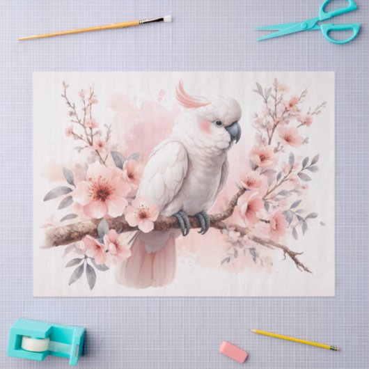 コカトゥーと赤面ピンクの花の切り離し 薄葉紙 (クラフト)