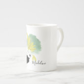 コカトゥーバードイエローと緑の水色パーソナル ボーンチャイナマグカップ (正面右)