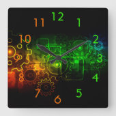 コグホイール整備士ブラックネオグリーンオレンジ スクエア壁時計 (正面)