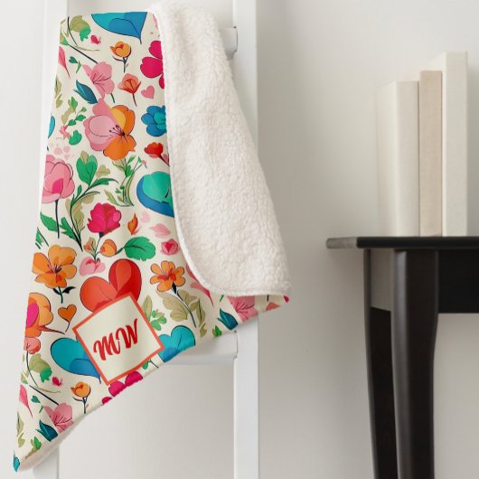 コケお洒落ットハートと花モノグラム シェルパブランケット