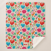 コケお洒落ットハートと花モノグラム シェルパブランケット (正面)