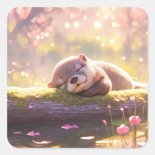 コケに覆われた丸太の上で眠るかわいい赤ちゃんカワウソ スクエアシール (正面)