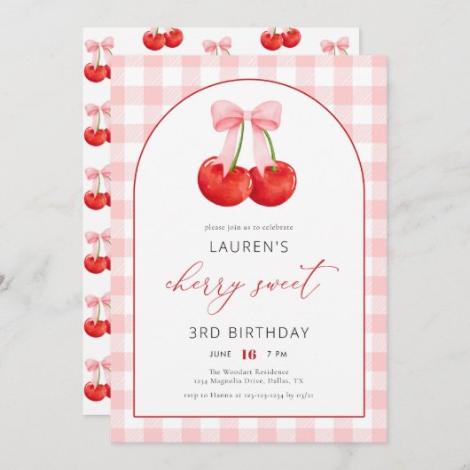 コケエレガントットさくらんぼスウィートガール1st誕生日 招待状 (正面/裏面)