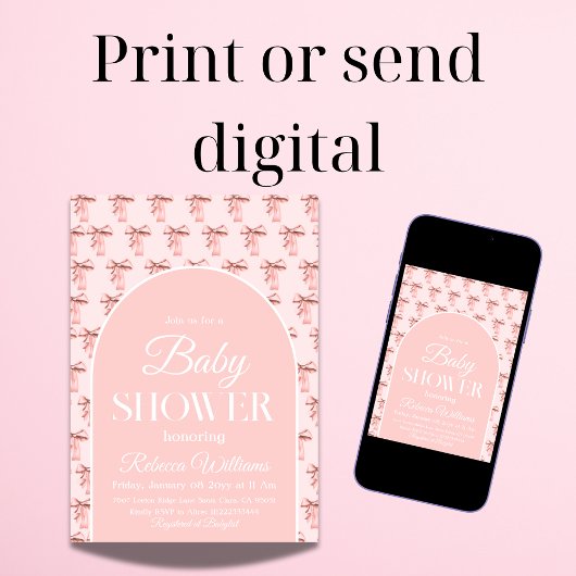 コケエレガントットピンクボウ女の子ベビーシャワー 招待状