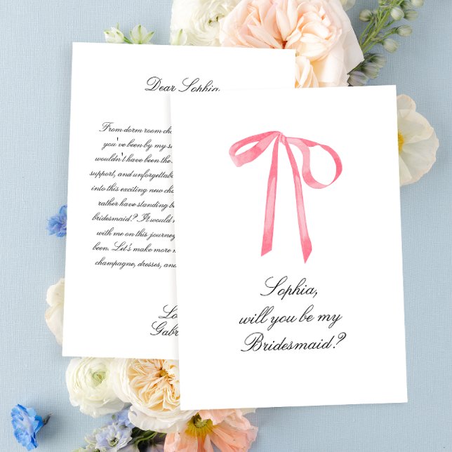 コケエレガントットピンクリボンボウ花嫁付きカード (Elegant Pink Ribbon Bridesmaid card)