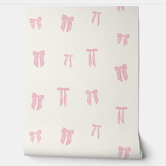 コケストライプのットがクリームでピンクに弓 壁紙 (ほどく)