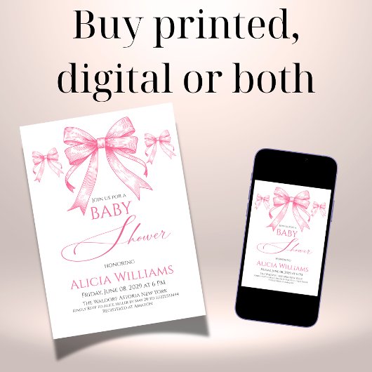 コケッエレガントクピンクボウレトロガールベビーシャワー 招待状