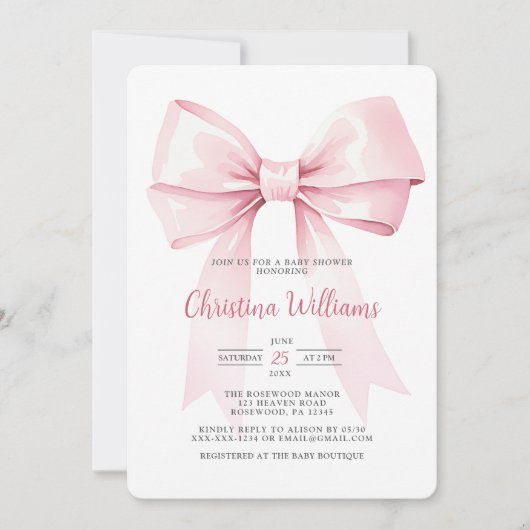 コケッエレガントクピンクボウ女の子ベビーシャワー 招待状 (正面)