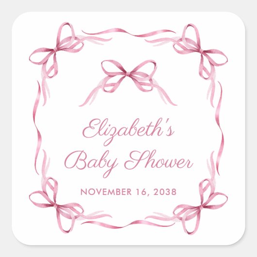 コケッエレガントトがピンクのベビーガールシャワーを弓 スクエアシール (正面)