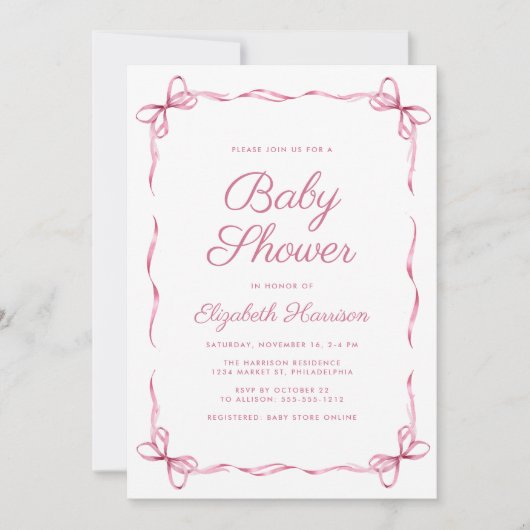 コケッエレガントトがピンクのベビーガールシャワーを弓 招待状 (正面)