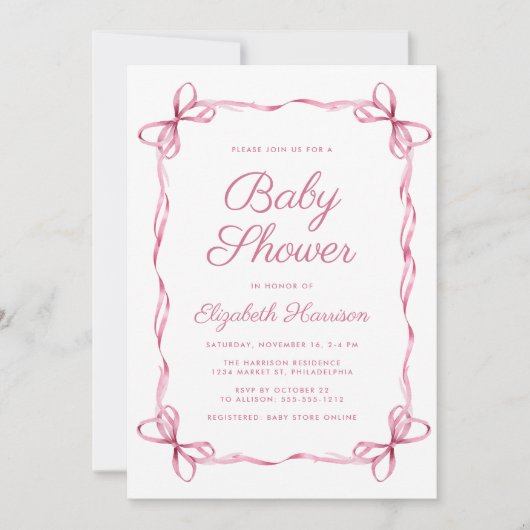 コケッエレガントトがピンクのベビーガールシャワーを弓 招待状 (正面)