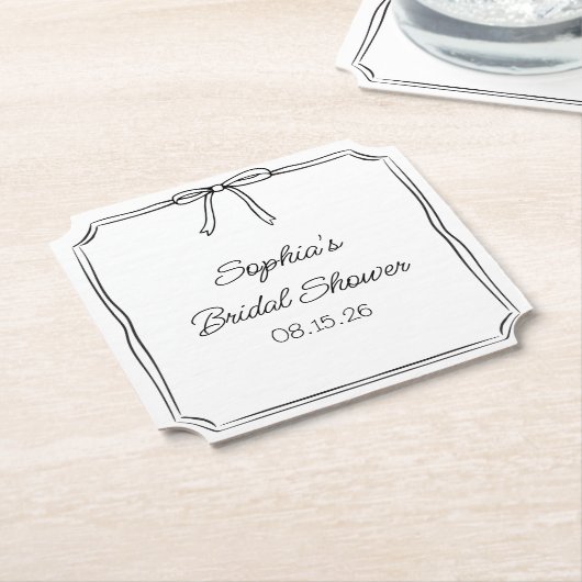 コケッエレガントト手描き弓かわいいブライダルシャワー ペーパーコースター (アングル)