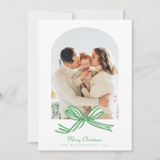 コケッエレガントト緑の弓アーチ2フォトクリスマス シーズンカード (正面)