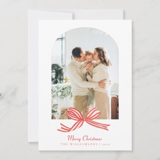 コケッエレガントト赤い弓アーチ2フォトクリスマス シーズンカード (正面)