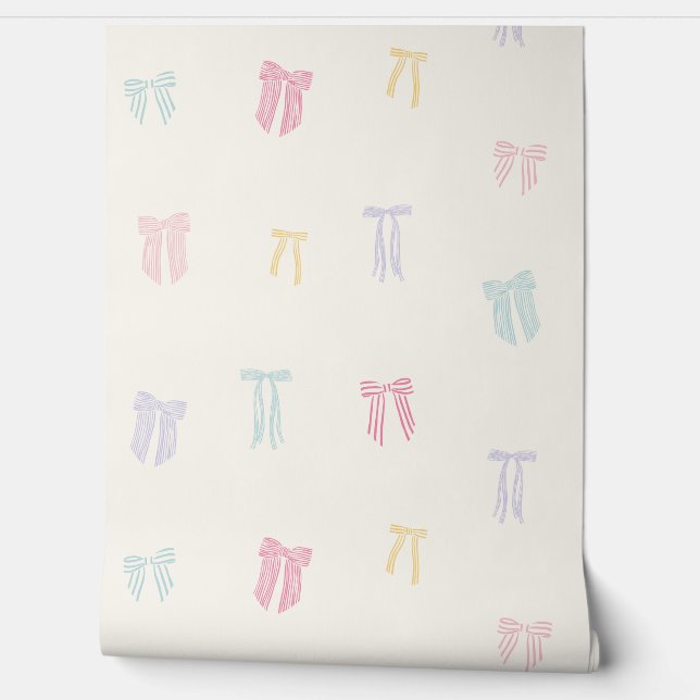 コケッストライプのト弓ミントピンク黄色薄紫クリーム 壁紙 (ほどく)