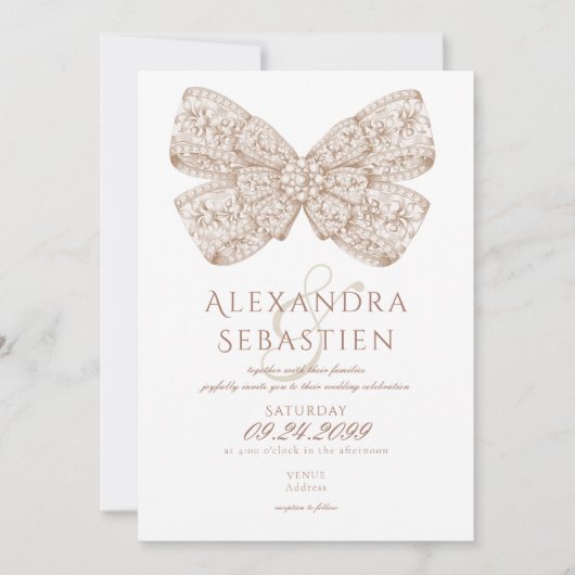 コケッタ ヴィンテージ ダイヤモンド ボウ モカ ムース ウェディング 招待状 (正面)