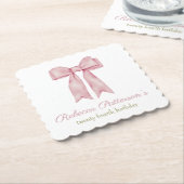 コケッティピンク水彩リボン フェミニン バースデーパーティー ペーパーコースター (アングル)