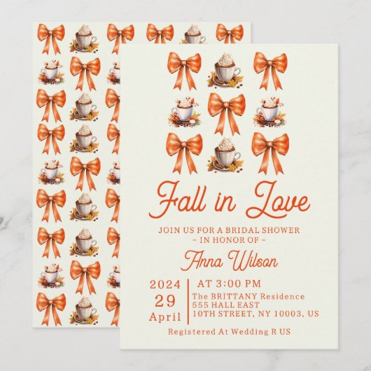 コケッティーなリボンが恋に落ちる ラブ コーヒー オレンジ 編集可能 招待状 (正面/裏面)