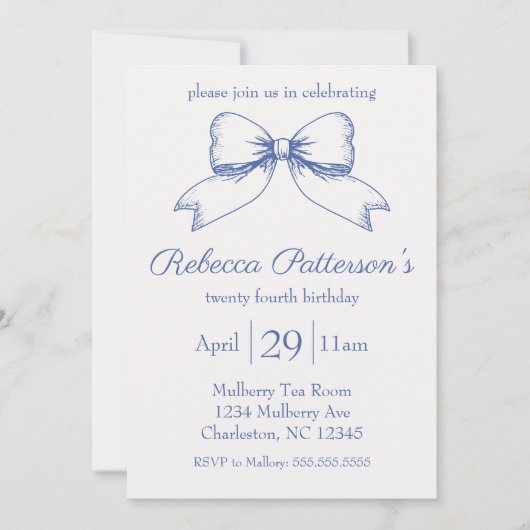 コケッティーブルーリボンボー フェミニンパーティー 招待状 (正面)