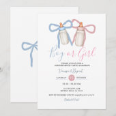 コケッティーボウ ピンク ブルー リボン 性別発表 招待状 (正面/裏面)