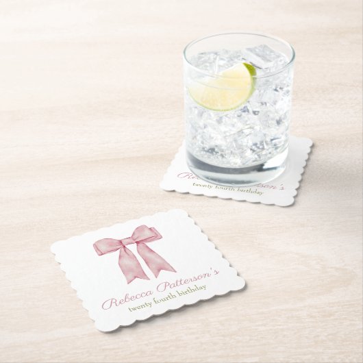 コケッティ ピンク水彩リボン フェミニン バースデーパーティー ペーパーコースター (インサイチュ)