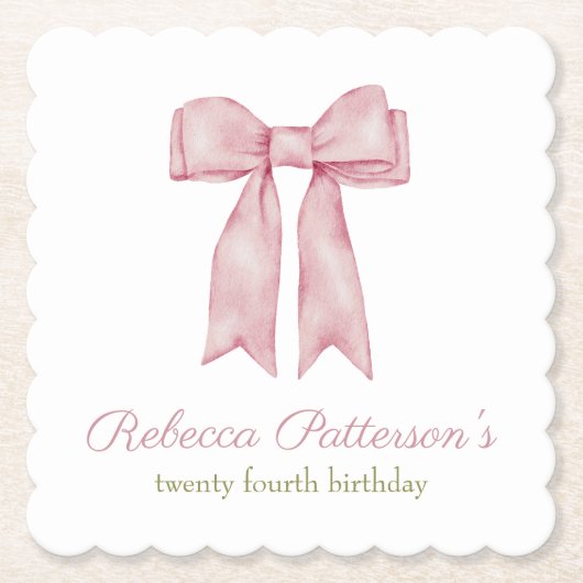 コケッティ ピンク 水彩 リボン フェミニン バースデー パーティー ペーパーコースター (正面)