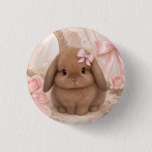 コケットうさぎ ピンクのリボン 缶バッジ (正面)