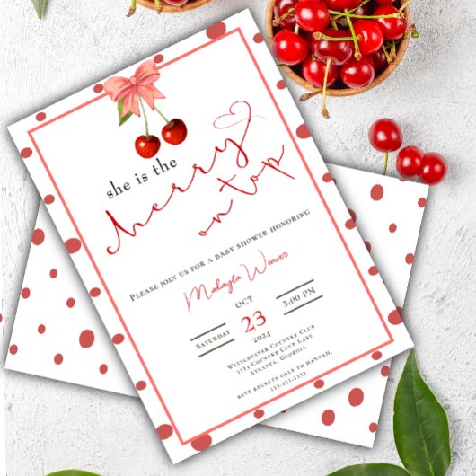 コケットさくらんぼオントップかわいいベビーガールシャワー 招待状