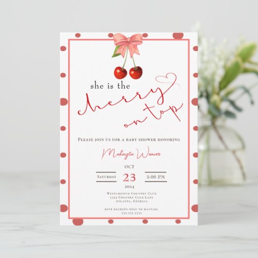 コケットさくらんぼオントップかわいいベビーガールシャワー 招待状 (スタンド正面)