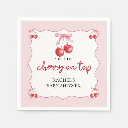 コケットさくらんぼオントップベイビーシャワーペーパーナプキン スタンダードカクテルナプキン (正面)