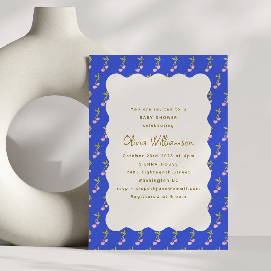 コケットさくらんぼブライトブルーさくらんぼベビーシャワー 招待状