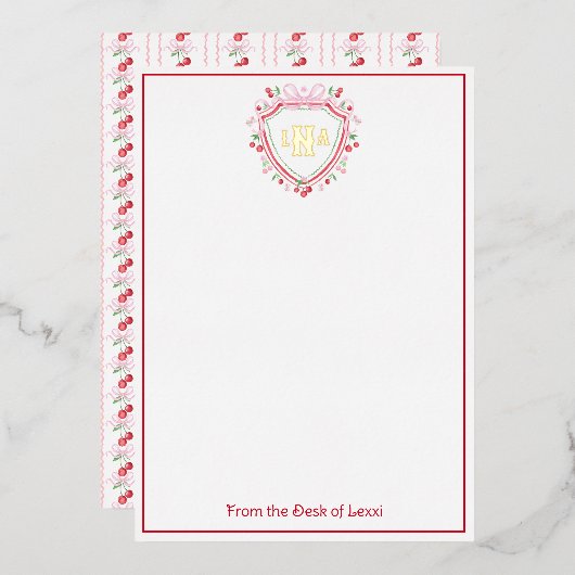 コケットさくらんぼモノグラムクレストブライダルシャワー 箔招待状 (正面/裏面)