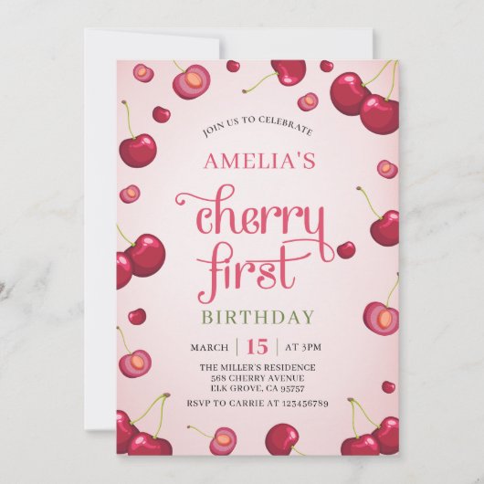 コケットさくらんぼ第1誕生日レッドさくらんぼ誕生日 招待状 (正面)
