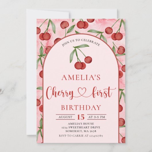 コケットさくらんぼ第1誕生日レッドさくらんぼ誕生日 招待状 (正面)